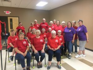 DeKalb County Seniors to compete in the Chair Volleyball event Monday at the Upper Cumberland District Tennessee Senior Olympics in Crossville. Pictured left to right-front row: Rita Russo, Smithville Senior Director Pam Redmon, and Team Captain Ann Huebner. Seated behind first row: Elizabeth White, Frances Gay, Margaret Nichols, Shelly Blaine, Ann Lobello, Jim Branham, Anna Parker, and standing wearing purple shirts Debbie Repasy and Jan Thomas (representing the Smithville Lions Club sponsor). Back row standing left to right: Phyllis Leonard, Alda Lee, Bill Huebner, Rick Davidson, Mary Lawson, Catherine McKeown, Linda Thomas, Linda Davis, and Nancy Wiebel.