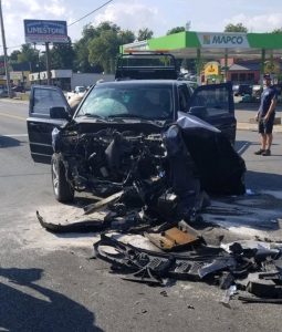 52 year old Benito R. Garcia of McMinnville was injured after he ran a red light in his Jeep Patriot and plowed into the side of a semi-truck driven by 58 year old Victor D. Kingsley of Lavergne Tuesday afternoon at the intersection of Congress Boulevard and Broad Street. (Jim Beshearse Photo)
