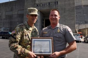 Maj. Gen. Robert F. Whittle Jr., USACE Great Lakes and Ohio River Division commanding general; presents the division’s Natural Resources Management Employee of the Year Award for 2018 to Park Ranger John Malone at Center Hill Dam in Lancaster, Tenn., Oct. 2, 2019.