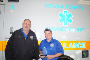 EMT-Critical Care Paramedic Jamie Vernon is the Upper Cumberland EMS Directors Association’s Region IV “Paramedic of the Year”. The award was presented to Vernon during the association’s annual fall symposium October 11 in Cookeville. She is pictured here with DeKalb EMS Director Hoyte Hale