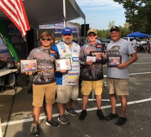 DeKalb Fishing Team won the State open September 28 at Dale Hollow Lake. Pictured-Skylar Sparks, David Lowrie State Director of Bass Nation, Connor Vaughn and Coach Jeff Taylor