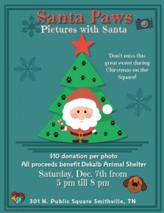 Pet photos with Santa are Saturday, December 7th from 5pm to 8pm at the Hendrix Law office during Christmas on the Square