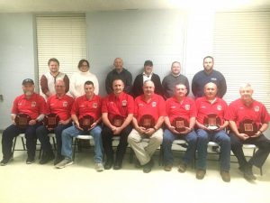 Longtime Smithville Firefighters Recognized for years of service. Seated left to right: Lieutenant Kevin Adcock- 21 years, William (Wink) Brown-22 years, Lieutenant John Poss-30 years, Captain Jeff Wright-35 years, Deputy Chief Hoyte Hale-35 years, Lieutenant Donnie Cantrell-40 years, Lieutenant Danny Poss-40 years, and Chief Charlie Parker-40 years. Standing left to right: Aldermen Brandon Cox, Gayla Hendrix, Donnie Crook, Danny Washer, Shawn Jacobs, and Mayor Josh Miller