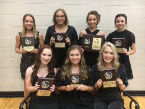 The 2019 DCHS Tiger Football Cheerleader Award Winners: SEATED left to right- Alley Sykes (BEST STUNTS), Katherime Malone (MVC), Kiersten Griffith(BEST CHEER), STANDING left to right- Malia Stanley (BEST DANCER), Sara Carver (BEST JUMPS), Morgan Walker (D.E.A.R. Award), and Sadie West (MOST SPIRITED). They were honored at Saturday night’s annual team awards banquet