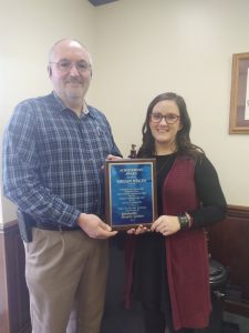 Smithville Electric Service accountant Megan Nixon was recently presented a plaque by SES manager Richie Knowles on behalf of the board. Nixon received an “Achievement Award” in recognition for the successful completion of her Master of Business Administration Degree from Tennessee Tech University on December 14, 2019.