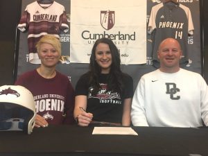 Outstanding DCHS Tigerette Softball Senior Kenzie France signed Wednesday to play collegiate softball for Cumberland University in Lebanon next year. She will graduate from DCHS in May. Kenzie is pictured here with Cumberland University Head Softball Coach Heather Stanfill and DCHS Tigerette Coach Danny Fish