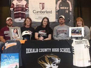 Outstanding DCHS Tigerette Softball Senior Kenzie France signed in January to play collegiate softball for Cumberland University in Lebanon Kenzie is pictured here with her family. Left to right: Will and Kim Frazier (mom), Kenzie, and Tim (father) and Karen France