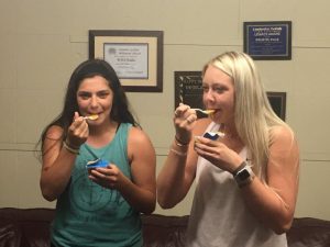 DCHS students Mya Ruch and Emme Colwell ate baby food in response to donation pledge to WJLE Project Graduation Radiothon last year