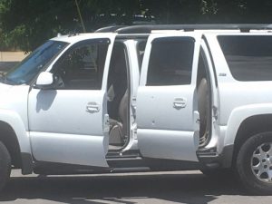County and city authorities spent much of the day Thursday searching for Gregorio Cruz Vanloo, who was a suspect in a “shots fired” incident at the parking lot of Los Lobos Mexican Restaurant that morning. He had allegedly fired two shots into this Chevy Suburban. No one was injured in that incident