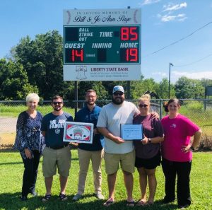 Chamber Presents Community Improvement Award to Bill Page Ball Park. Pictured l-r: Chamber Director Suzanne Williams with Church League Volunteers Daniel Leslie, Jonathan Anderson, Jordan Atnip, Morgan Atnip, and Rebecca Waggoner