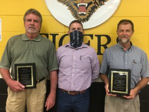 The Board of Education and Director of Schools said goodbye to two long time members in August. It was the last meeting for W.J. (Dub) Evins, III from the 5th district (left) and Doug Stephens of the 6th district (right).