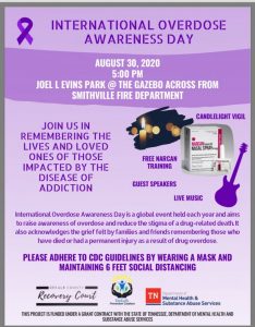 The DeKalb Prevention Coalition is calling on everyone to join in the observance of International Overdose Awareness Day on Sunday, August 30 at 5 p.m. at the Joe L. Evins Park at the Gazebo across from the Smithville Fire Department