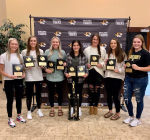 Members of the 2019-20 DeKalb County High School Lady Tigers Basketball Team , who were unable to have their awards banquet in the spring due to COVID-19, were later recognized for their athletic accomplishments last season. Mya Ruch (center) received the Allen D. Hooper Most Valuable Player Award presented by Love-Cantrell Funeral Home. She also earned team awards for Best Passer, Best Defender, and Best Ball Handler. Other Lady Tiger Award Winners pictured left to right: Megan Cantrell- Best 6th Man; Kalee Ferrell- Best Rebounder, Best Offensive Player, and Hustle Award; Emme Colwell-Best Free Throw Shooter, MVP Mya Ruch, Kenzie France-Best Attitude, Megan Walker-Toughest Player, and Grace Griffin-Most Improved