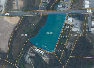 Map shows property at Highway 70 east and Colvert’s Lake Road belonging to Greg Dugdale who bought it at auction. Dugdale wants the eight acre site to be annexed in the City of Smithville and later zoned commercial fronting Highway 70 and residential on the back side.