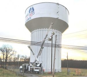 The City of Smithville now has sirens installed at three specific locations to alert the community in the event of a tornado threat. The one shown here was erected on a pole at the city water tank near the high school on Highway 70 Tuesday. Another siren was placed on a pole near the city’s water tank on Miller Road. The existing siren on top of city hall has also been wired into the alert system.