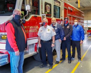 Officials with the Tennessee State Fire Marshal’s Office let local volunteer fire departments know how much they are appreciated on Monday by delivering snacks to them. Pictured: Gary Farley, Assistant Commissioner for the State Fire Marshal’s Office, Smithville Fire Chief Charlie Parker, Deputy Fire Chief Hoyte Hale, Firefighter Dalton Roberts, and Smithville Mayor Josh Miller