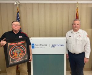 The 2020 Ascension Saint Thomas DeKalb Hospital DeKalb Volunteer Firefighter of the Year is Steve Repasy (left) Station Commander of the Midway Station.