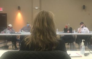 County Commissioners Julie Young Jeff Barnes, Beth Pafford (with back to camera) Jenny Trapp, and Shaee Flatt during the Tuesday evening workshop discussion about the operation of the DeKalb Animal Shelter