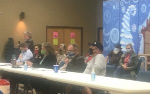 Smithville Aldermen Brandon Cox, Beth Chandler, Jessica Higgins, Shawn Jacobs, and Danny Washer make comments and take questions during workshop Tuesday night. Pictured in the background are Attorney Sarah Cripps, speaking on behalf of the DeKalb Animal Coalition, and Sue Puckett Jernigan of the Coalition, and friends of the DeKalb Animal Shelter