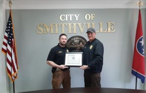 Smithville Police Detective James Cornelius (left) promoted to Lieutenant by Chief Mark Collins (right)