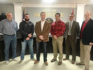 State Representative Clark Boyd held an open meeting Friday at city hall in Smithville to give constituents a legislative update. Pictured left to right are Assessor of Property Shannon Cantrell, Smithville Mayor Josh Miller, Representative Boyd, County Clerk James L. (Jimmy) Poss, Smithville NHC Healthcare Center Administrator Ryan Vaden, and DeKalb GOP Secretary Clint Hall. Others attending but not pictured were County Mayor Tim Stribling, Smithville City Attorney Vester Parsley, and Administrator of Elections Dennis Stanley.