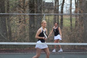 Both the Boys and Girls DCHS tennis teams won their matches against White County at home on Tuesday afternoon. The boys won their match 7 – 2 while the girls won 6 – 3. Tennis matches consist of six singles matches and three doubles matches. Katie Colwell & Leah Davis shown here lost 2-8