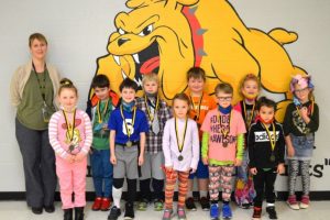 DeKalb West Pre K, Kindergarten, 1st and 2nd grade, students chosen for Student of the month are: (front row) Mackenzie Novotny, Cash Hancock, Auna Leigh Starnes, Jacob Blair, Miguel Ramirez. (back row) Principal Sabrina Farler, Carson Mullinax, Noah Hall, Holden Leiser, Katie Jo Prichard, and Aniston Cox.