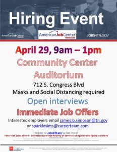 The American Job Center, TN Dept of Labor, and Upper Cumberland Workforce Development Board are hosting a Job Fair on Thursday April 29th from 9am to 1pm at the DeKalb County Complex Community Center Auditorium, 712 S. Congress Blvd in Smithville. It is open to all employers and currently Ficosa, Star Manufacturing, Tenneco, Bledsoe County Correctional Complex, and Resource Manufacturing have committed to attend.