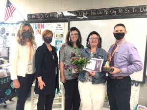 The 2021 Smithville Elementary School Teacher of the Year is second grade educator Janet Trapp . Pictured left to right Supervisor of Instruction (grades 6-12) Dr. Kathy Bryant ; Supervisor of Instruction (Pre-K to 5th grade) Michelle Burklow, SES Principal Summer Cantrell; SES Teacher of the Year Janet Trapp; and Director of Schools Patrick Cripps