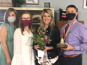 The 2021 DeKalb Middle School Teacher of the Year is eighth grade ELA (English Language Arts) teacher Galen Brown. Pictured left to right DeKalb Middle School Assistant Principal Anita Puckett and DMS Principal Lacey Foutch; DMS Teacher of the Year Galen Brown; and Director of Schools Patrick Cripps