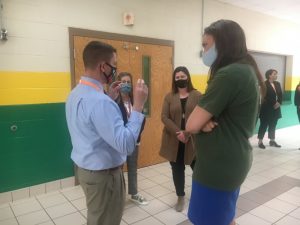 Director of Schools Patrick Cripps, Northside Elementary School Principal Karen Knowles and Assistant NES Principal Beth Pafford share concerns and ideas with Tennessee Commissioner of Education Penny Schwinn during her visit to Northside Elementary School Friday