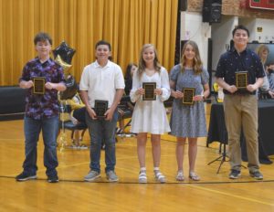 DeKalb West School Highest Grade Point Averages for Grades 6th-8th: (Left to Right): Bradley Pelham, Thomas Damron, Caroline Crook, Emily Young, and Kenson Moss