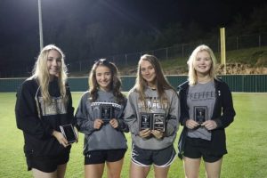 Four members of the DCHS Tigerette Fast Pitch Softball Team earned All-District Awards. Morgan Walker, Aniston Farler, and Jacey Hatfield were named to the All-District Team and Hatfield made the All-District Tournament Team. Bri Murphy was selected to the All District Freshmen Team. The Tigerettes were eliminated from the District Tournament and finished the season at 13-13. Pictured left to right: Bri Murphy, Morgan Walker, Aniston Farler, and Jacey Hatfield.