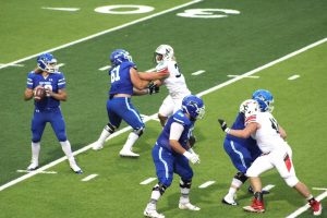 Eli Cross (61) in action at left tackle for Lindsey Wilson College in the National Championship game against Northwestern (Iowa) Monday, May 10 in Louisiana