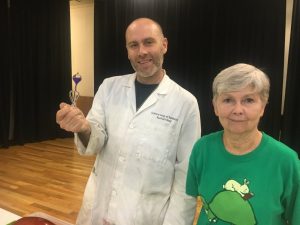 Matt Simms, aka Hazmatt Bond, one of Mr. Bond’s Science Guys with Library Director Kathy Hendrixson