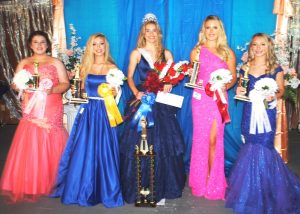 Junior Fair Princess Court: left to right: Katie Madison Linder (4th Runner-Up), Kailey Evangaline Herron (2nd Runner-Up), Keara McKinsey Milligan (Junior Fair Princess), Allyson Roxanne Fuller (1st Runner-Up), and Chloe Faith Lawson (3rd Runner-Up)