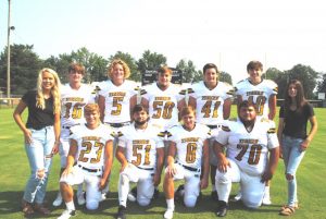 DCHS Football Program Seniors: First row left to right kneeling: Nathaniel Crook (23), Brandon Sykes (51), Brady Hale (8), Diego Coronado (70). Back row left to right standing: Alley Beth Cook (Manager), Grayson Hendrix (16), Isaac Knowles (5) , Jacob Trent (50), Isaiah Harrington (41), Silas Cross (10), and Courtney London (Manager)