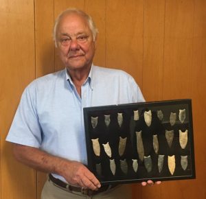 A Native American artifacts show will be held Saturday, July 31 at the Mike Foster Multi-Purpose Center from 8:30 a.m. until 1:30 p.m. and proceeds will benefit the Lighthouse Christian Camp. Admission to the event is free. (Mike Foster, an organizer, shows one of the displays for the event.