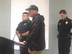 Tyler Patterson, a Corporal in the Smithville Police Department (right) has been promoted to the rank of Sergeant while Michael Coronado (left) has been hired as a patrol officer to fill a vacancy in the department. The Smithville Mayor and Aldermen approved the promotion and hiring last week upon the recommendation of Police Chief Mark Collins (center).