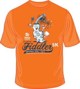 The 2021 Tee Shirt for the 23rd annual Fiddler 5K and One Mile Fun Run, sponsored by Habitat for Humanity of DeKalb County to be held Saturday, July 3.