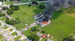 Overhead view of apartment complex fire Sunday on Kendra Drive made from a drone (Edward Brooks Photo)