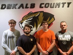 Listen for WJLE’s “Tiger Talk” program tonight (Friday, August 27) at 6:30 p.m. with the Voice of the Tigers John Pryor interviewing Coach Steve Trapp and Tiger football players pictured left to right Silas Cross, Brandon Sykes, and Isaiah Harrington with Coach Trapp. The game with Smith County in Smithville kicks off at 7:00 p.m. with play by play coverage on WJLE.