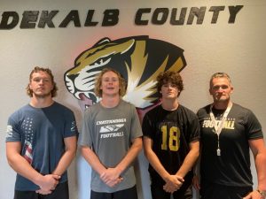 Listen for WJLE’s “Tiger Talk” program tonight (Friday, September 3) at 6:30 p.m. with the Voice of the Tigers John Pryor interviewing Coach Steve Trapp and Tiger football players pictured left to right Colby Barnes, Isaac Knowles, and Briz Trapp with Coach Trapp. The game at Macon County kicks off at 7:00 p.m. with play by play coverage on WJLE.