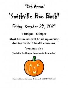 The 10th Smithville Boo Bash will be Friday, October 29 from 12 noon until 5 p.m. The City plans to block off streets around the public square starting at 11:30 a.m. Friday morning.