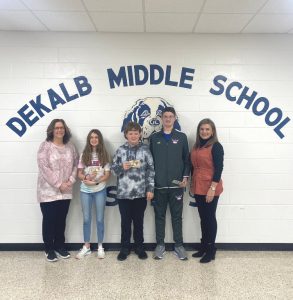 DeKalb Middle School recently hosted their PTO fundraiser. Students sold tickets and classrooms created baskets to be auctioned at the event: Pictured- The school-wide top Basket Award recipient Christie Young and students recognized for selling the most tickets school-wide-3rd Place 7th grade-Carly Thomas, 2nd Place 7th grade- Kollin Young, and 1st Place 8th grade- Nickolas Daw with Assistant DMS Principal Anita Puckett