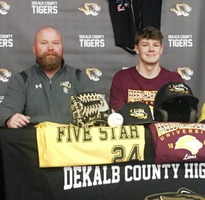 DCHS Tiger Baseball Coach Tad Webb with Patrick Cantrell