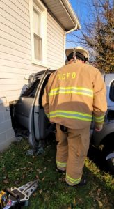 A pickup truck crashed into the side of a house at 411 Allen Ferry Road Thursday morning. (Jim Beshearse photo)