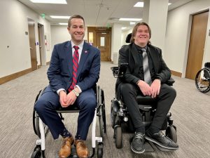 State Rep. Clark Boyd, R-Lebanon, (left) and Alex Johnson, right, following the “Spend A Day in My Wheels” challenge at the state capitol in Nashville on Wednesday, Feb 23. Johnson, a tenth grader at Friendship Christian School in Lebanon challenged a bipartisan group of 14 lawmakers to spend a day in a wheelchair. The goal was to help make the world more inclusive by raising awareness about the difficulties that individuals who use assistive mobility devices regularly face.