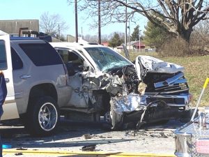 One person was injured in a two vehicle crash Monday on Highway 146 (Short Mountain Street) in Smithville near DeKalb EMS. According to the Tennessee Highway Patrol, 42 year old Steve Frame was driving a 2015 Chevy 3500 Flatbed (shown here) when he crossed the center line into the oncoming traffic lane as 27 year old Kayla Presley, driving a 2008 GNC Yukon, swerved left to avoid a collision. Frame then swerved back into the path of Presley and hit her vehicle head on. (Photo by Angie Meadows)