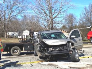 One person was injured in a two vehicle crash Monday on Highway 146 (Short Mountain Street) in Smithville near DeKalb EMS. According to the Tennessee Highway Patrol, 42 year old Steve Frame was driving a 2015 Chevy 3500 Flatbed (shown here) when he crossed the center line into the oncoming traffic lane as 27 year old Kayla Presley, driving a 2008 GNC Yukon (shown here), swerved left to avoid a collision. Frame then swerved back into the path of Presley and hit her vehicle head on. (Photo by Angie Meadows)